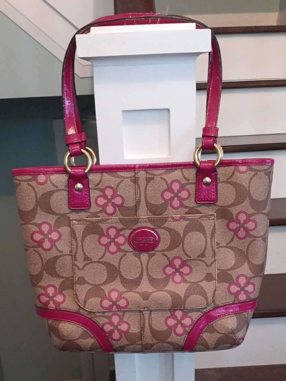^ Coach Peyton Signature Pink Clover Pocket Small Tote - Picture 2 of 16